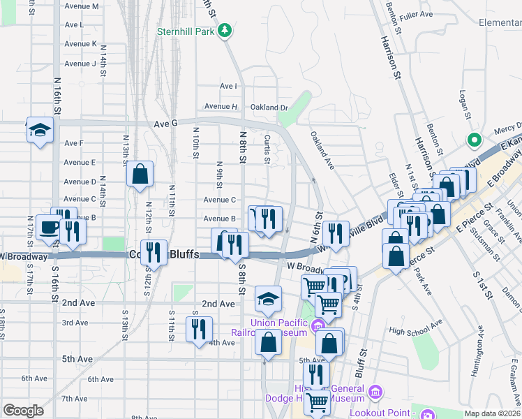 map of restaurants, bars, coffee shops, grocery stores, and more near 727 West Washington Avenue in Council Bluffs