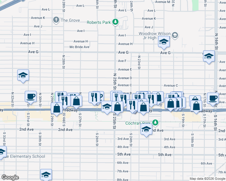 map of restaurants, bars, coffee shops, grocery stores, and more near 2447 Avenue B in Council Bluffs