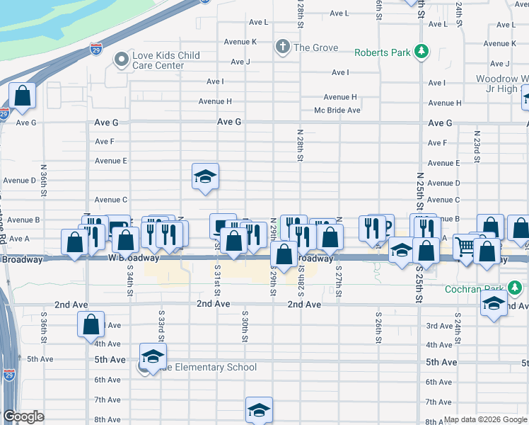 map of restaurants, bars, coffee shops, grocery stores, and more near 2933 Avenue B in Council Bluffs