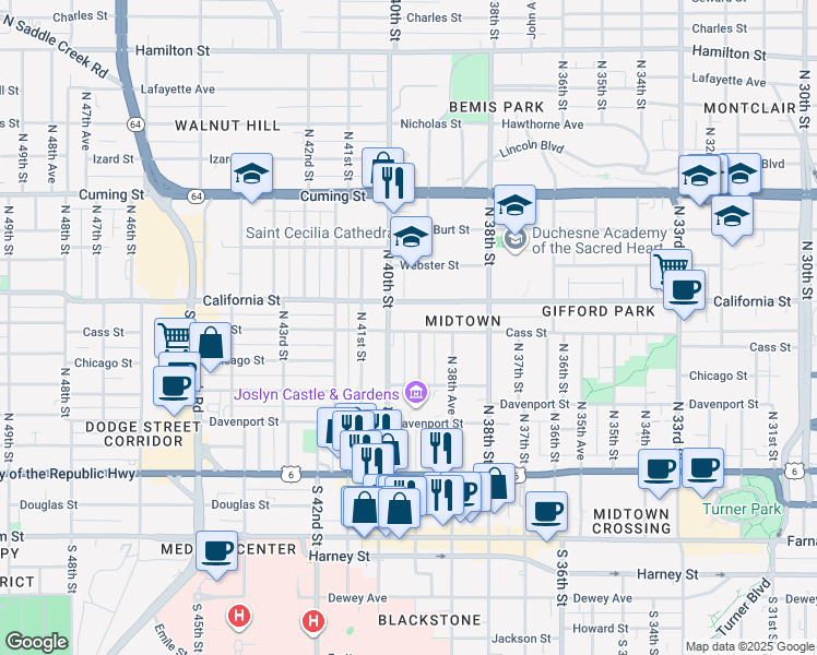 map of restaurants, bars, coffee shops, grocery stores, and more near 433 North 39th Street in Omaha