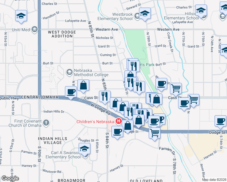 map of restaurants, bars, coffee shops, grocery stores, and more near 8334 Cass Street in Omaha