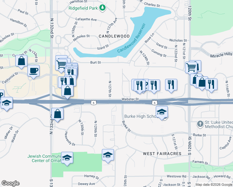 map of restaurants, bars, coffee shops, grocery stores, and more near 12606 West Dodge Road in Omaha