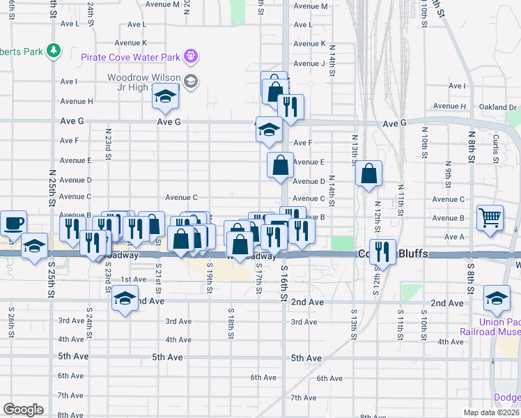 map of restaurants, bars, coffee shops, grocery stores, and more near 1707 Avenue B in Council Bluffs