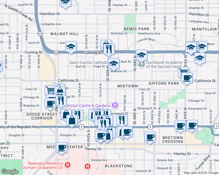 map of restaurants, bars, coffee shops, grocery stores, and more near 503 North 40th Street in Omaha