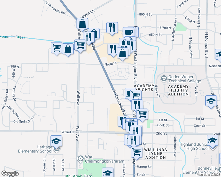 map of restaurants, bars, coffee shops, grocery stores, and more near 207 North Harrisville Road in Ogden