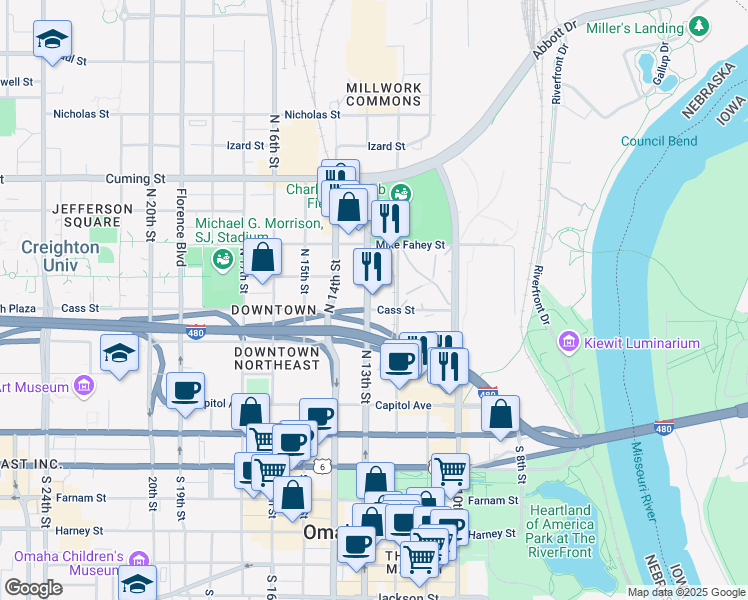 map of restaurants, bars, coffee shops, grocery stores, and more near 501 North 13th Street in Omaha