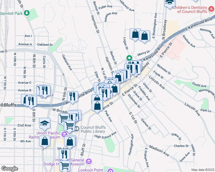 map of restaurants, bars, coffee shops, grocery stores, and more near 130 Vine Street in Council Bluffs