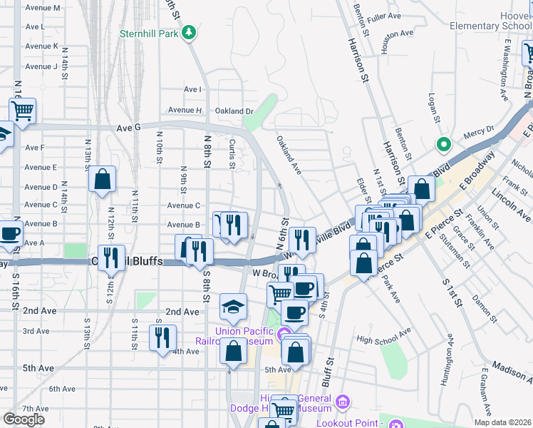 map of restaurants, bars, coffee shops, grocery stores, and more near 659 West Washington Avenue in Council Bluffs