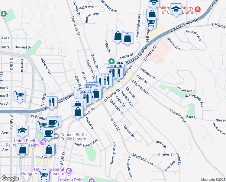 map of restaurants, bars, coffee shops, grocery stores, and more near 115 Grace Street in Council Bluffs
