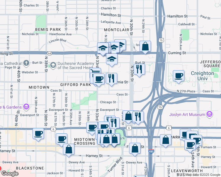 map of restaurants, bars, coffee shops, grocery stores, and more near 519 North 32nd Street in Omaha