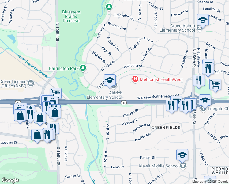map of restaurants, bars, coffee shops, grocery stores, and more near 506 North 162nd Avenue in Omaha