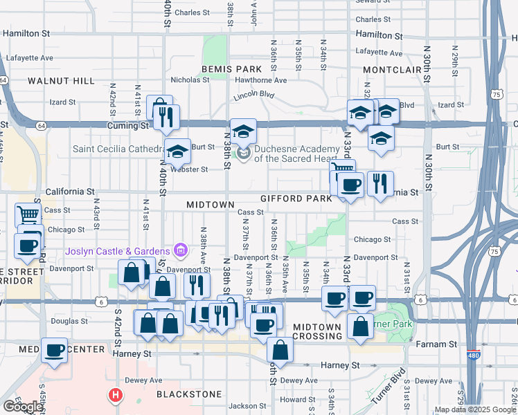 map of restaurants, bars, coffee shops, grocery stores, and more near 3658 Cass Street in Omaha