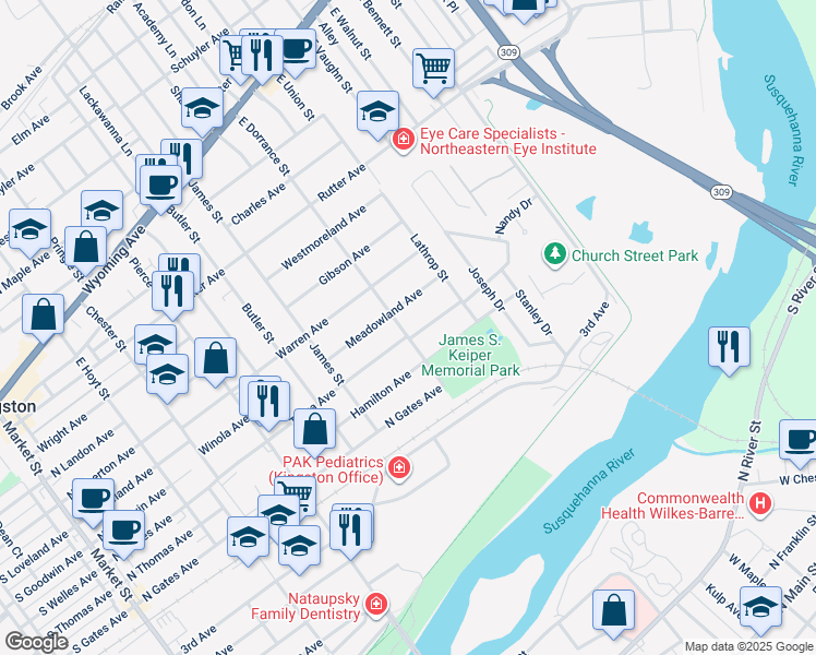 map of restaurants, bars, coffee shops, grocery stores, and more near 296 East Dorrance Street in Kingston