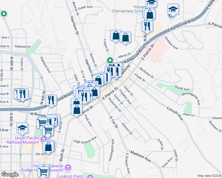 map of restaurants, bars, coffee shops, grocery stores, and more near 115 Grace Street in Council Bluffs
