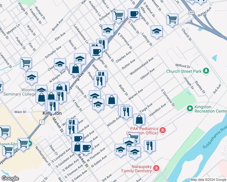 map of restaurants, bars, coffee shops, grocery stores, and more near 253 Reynolds Street in Kingston