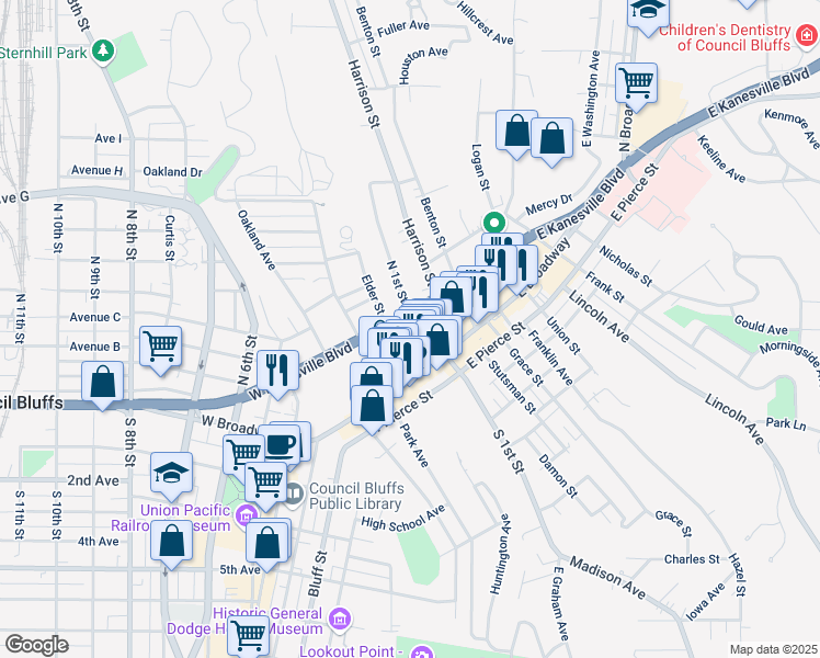map of restaurants, bars, coffee shops, grocery stores, and more near 130 Vine Street in Council Bluffs