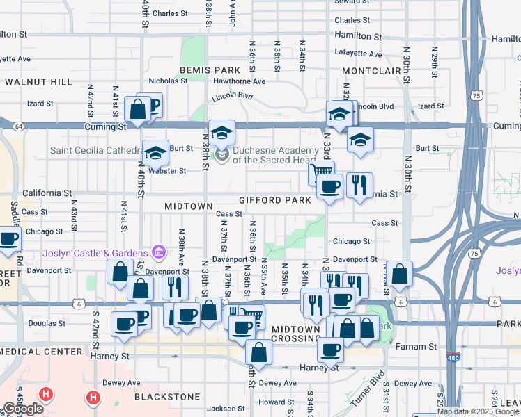 map of restaurants, bars, coffee shops, grocery stores, and more near 3550 Cass Street in Omaha