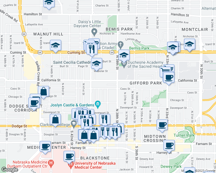 map of restaurants, bars, coffee shops, grocery stores, and more near 437 North 38th Avenue in Omaha