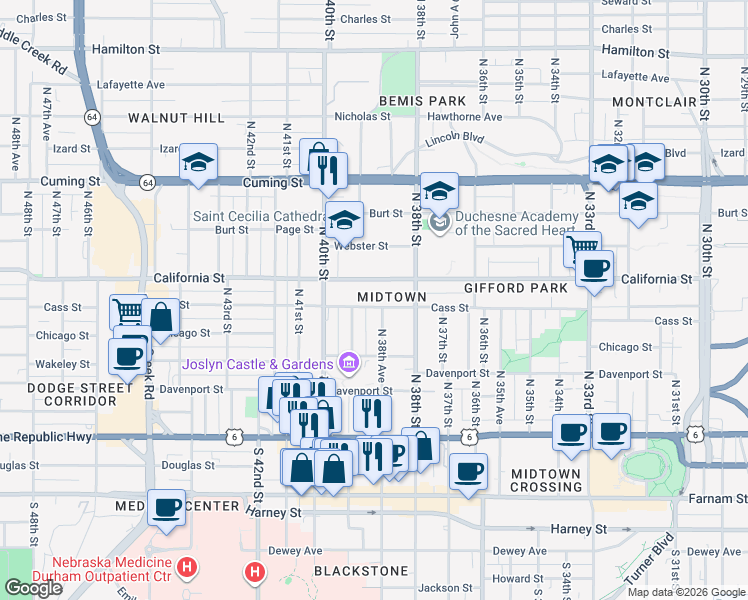 map of restaurants, bars, coffee shops, grocery stores, and more near 433 North 39th Street in Omaha