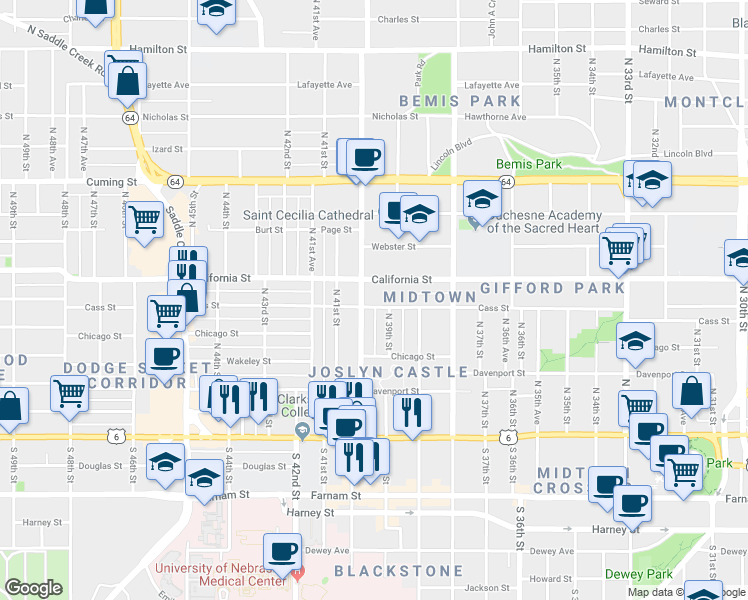 map of restaurants, bars, coffee shops, grocery stores, and more near 422 North 40th Street in Omaha