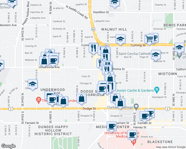 map of restaurants, bars, coffee shops, grocery stores, and more near in Omaha