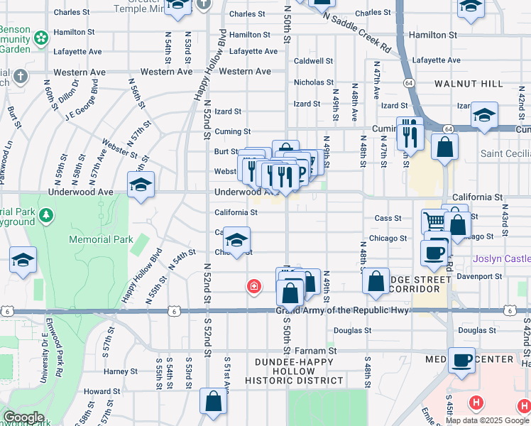 map of restaurants, bars, coffee shops, grocery stores, and more near 5013 California Street in Omaha