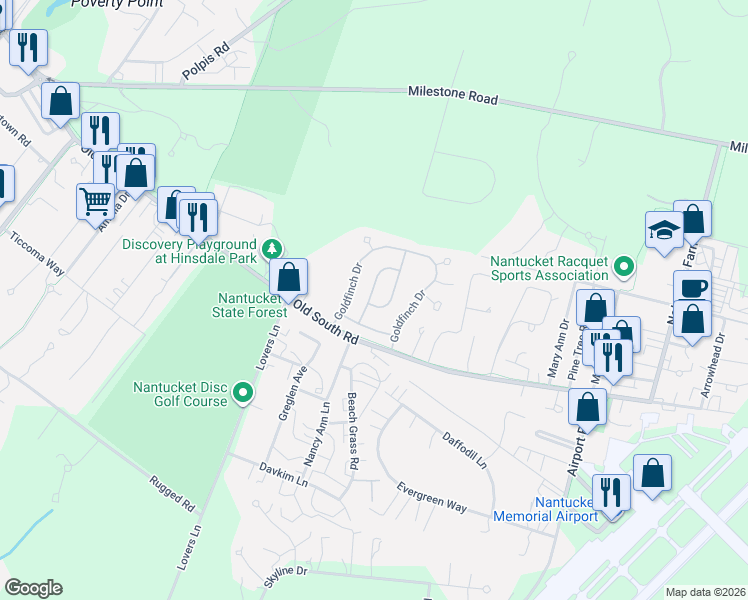 map of restaurants, bars, coffee shops, grocery stores, and more near 23 Kittiwake Lane in Nantucket