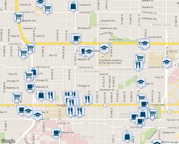 map of restaurants, bars, coffee shops, grocery stores, and more near in Omaha
