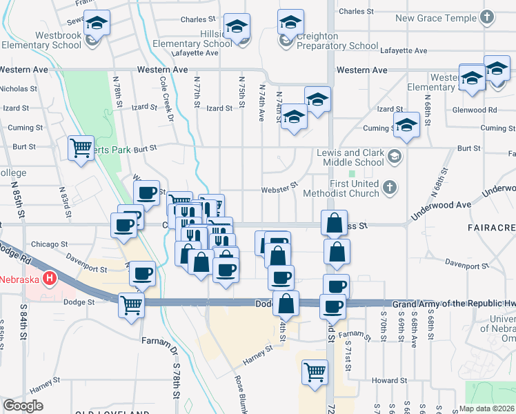 map of restaurants, bars, coffee shops, grocery stores, and more near 504 North 74th Avenue in Omaha