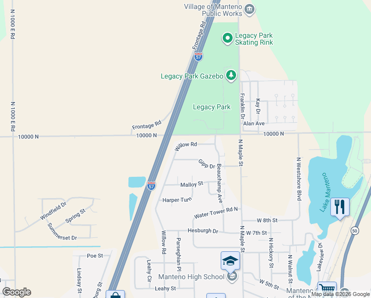 map of restaurants, bars, coffee shops, grocery stores, and more near 497 Gipp Drive in Manteno
