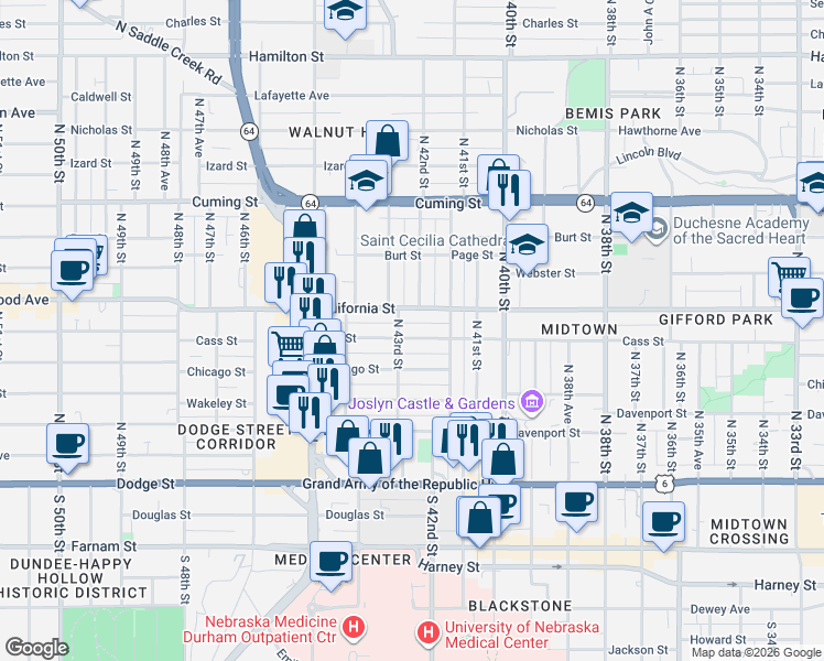 map of restaurants, bars, coffee shops, grocery stores, and more near 4169 Cass Street in Omaha