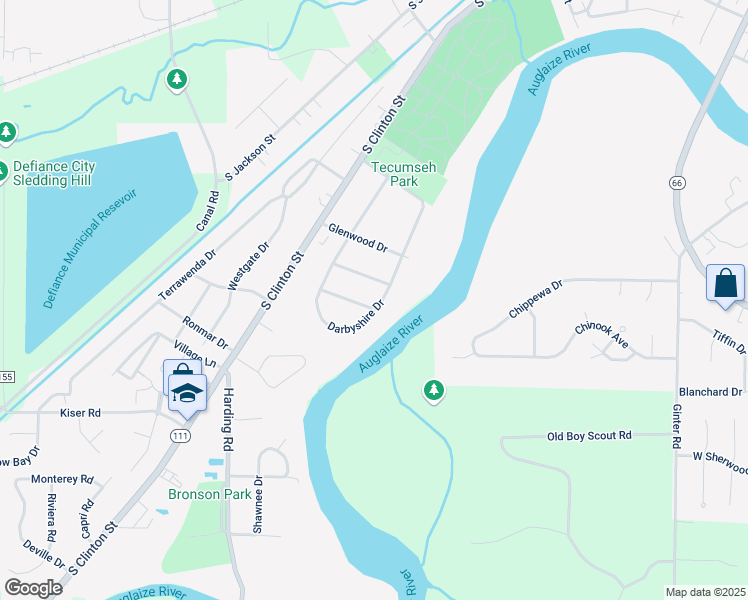 map of restaurants, bars, coffee shops, grocery stores, and more near 1800 Darbyshire Drive in Defiance