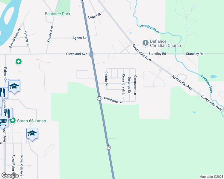 map of restaurants, bars, coffee shops, grocery stores, and more near 619 Sierra Way in Defiance