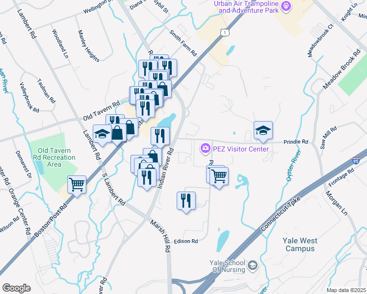 map of restaurants, bars, coffee shops, grocery stores, and more near 245 Indian River Road in Orange