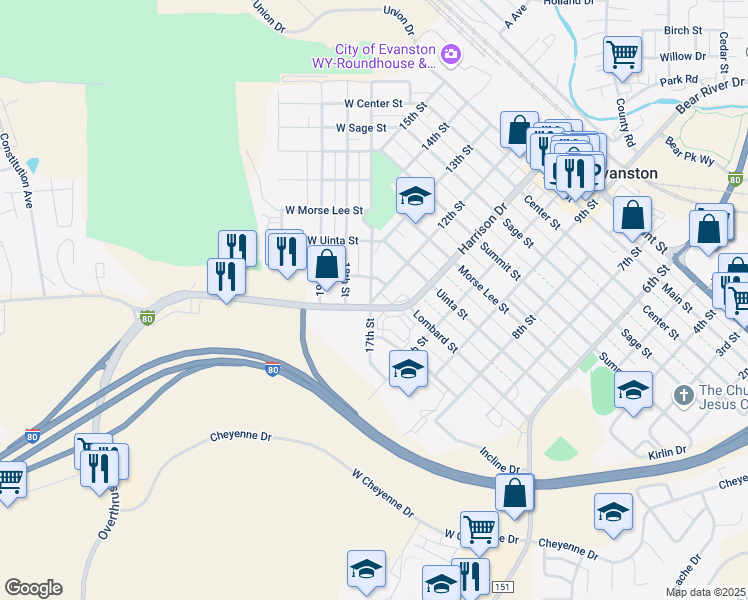 map of restaurants, bars, coffee shops, grocery stores, and more near 17th St in Evanston