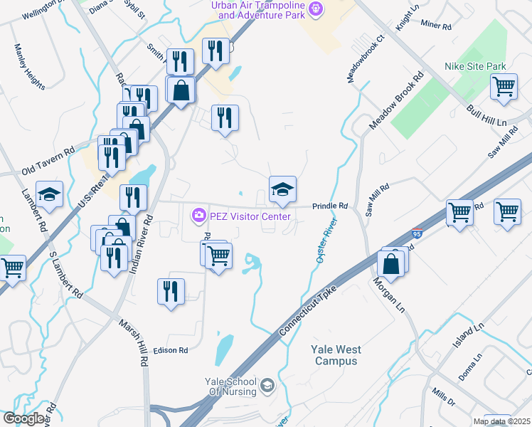 map of restaurants, bars, coffee shops, grocery stores, and more near 75 Prindle Hill Road in Orange