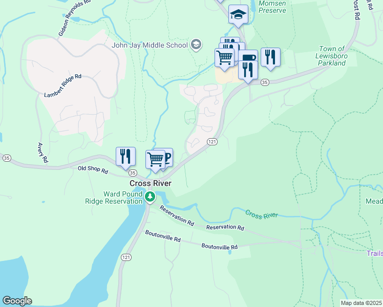 map of restaurants, bars, coffee shops, grocery stores, and more near 801 New York 35 in Cross River