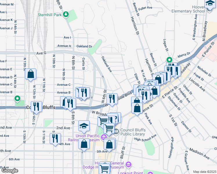 map of restaurants, bars, coffee shops, grocery stores, and more near 602 West Washington Avenue in Council Bluffs