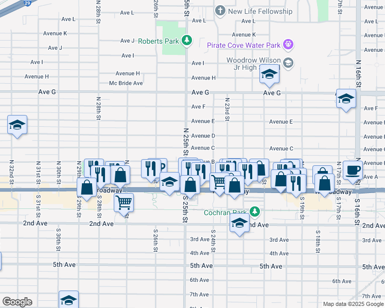 map of restaurants, bars, coffee shops, grocery stores, and more near 2447 Avenue B in Council Bluffs