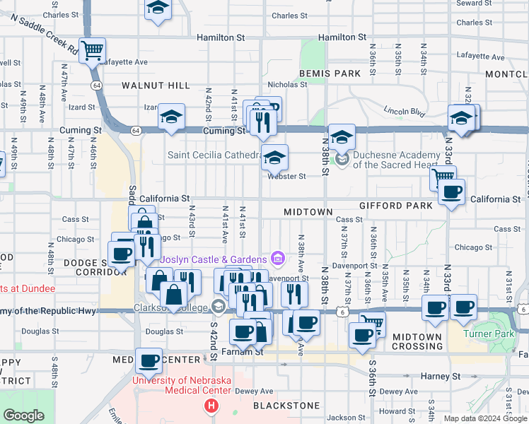 map of restaurants, bars, coffee shops, grocery stores, and more near 422 North 40th Street in Omaha