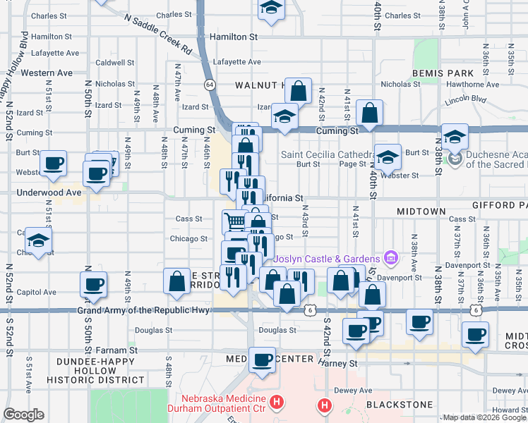 map of restaurants, bars, coffee shops, grocery stores, and more near 4335 Cass Street in Omaha