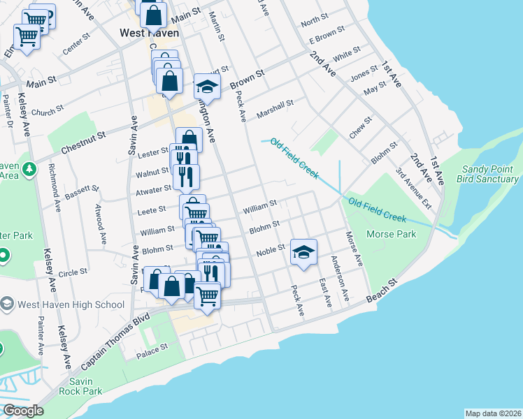 map of restaurants, bars, coffee shops, grocery stores, and more near 271 Blohm Street in West Haven