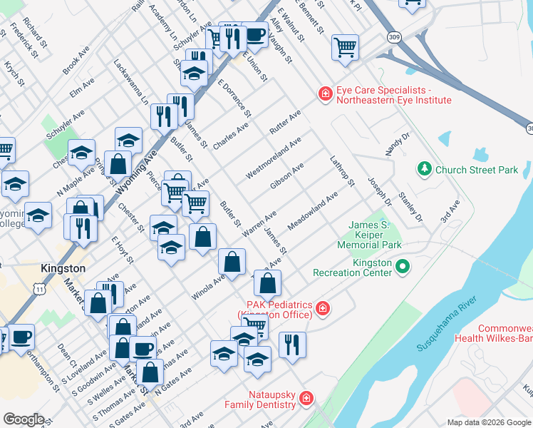 map of restaurants, bars, coffee shops, grocery stores, and more near 505 Warren Avenue in Kingston