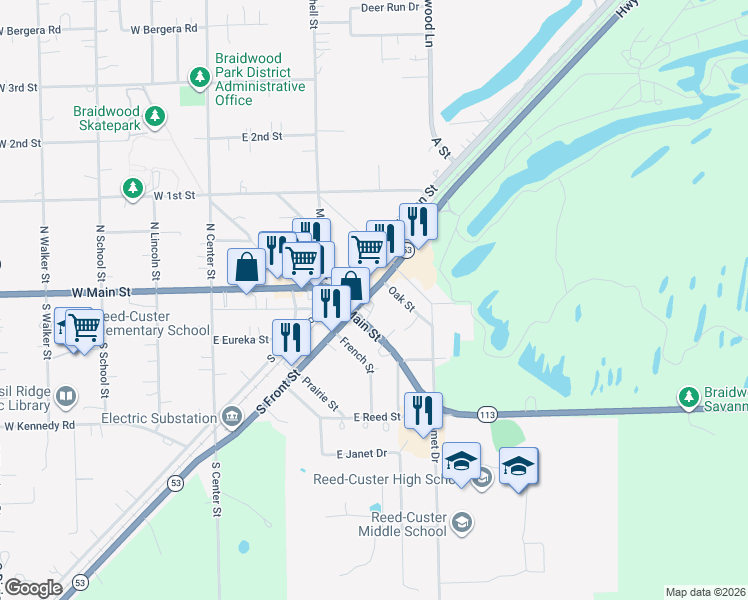 map of restaurants, bars, coffee shops, grocery stores, and more near 330 East Main Street in Braidwood