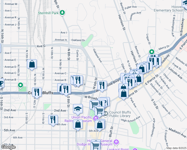 map of restaurants, bars, coffee shops, grocery stores, and more near 602 West Washington Avenue in Council Bluffs