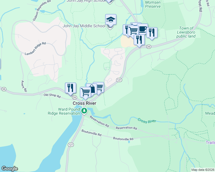 map of restaurants, bars, coffee shops, grocery stores, and more near 801 New York 35 in Cross River