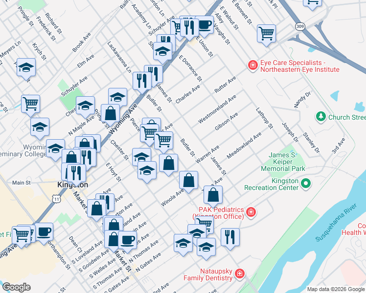 map of restaurants, bars, coffee shops, grocery stores, and more near 189 Butler Street in Kingston
