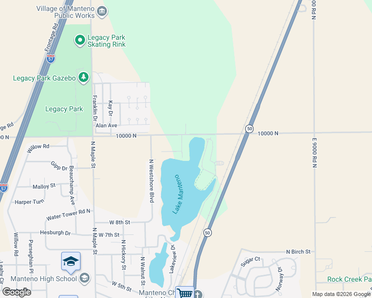 map of restaurants, bars, coffee shops, grocery stores, and more near 2408 10000 North in Manteno