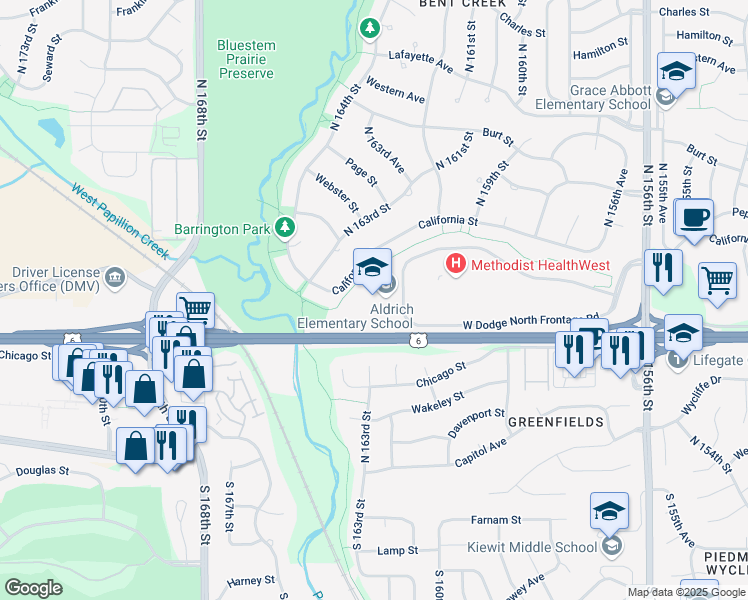 map of restaurants, bars, coffee shops, grocery stores, and more near 506 North 162nd Avenue in Omaha