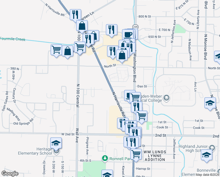 map of restaurants, bars, coffee shops, grocery stores, and more near 317 North 225 East Street in Ogden
